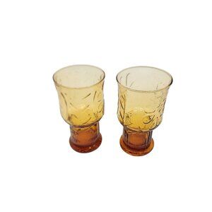 Vintage Libbey Country Garden Daisy Glasses 70s Amber Colored Glass Set of 2